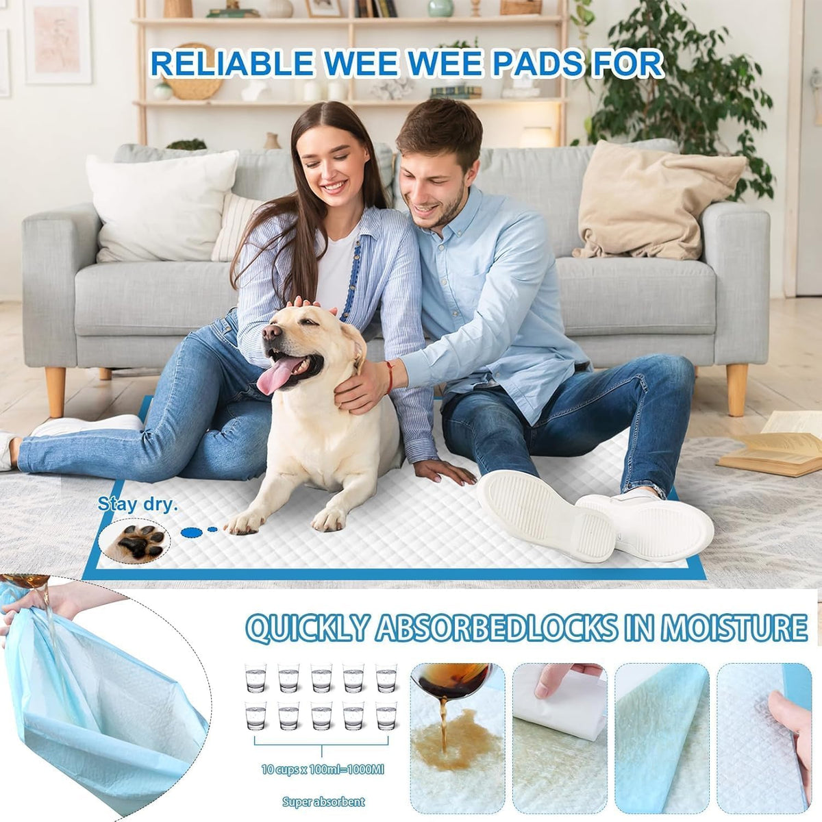 XXL Puppy Pee Pads - 36"x36", 100 Count, Super Absorbent, Thick, Disposable Potty Pads for Dogs &