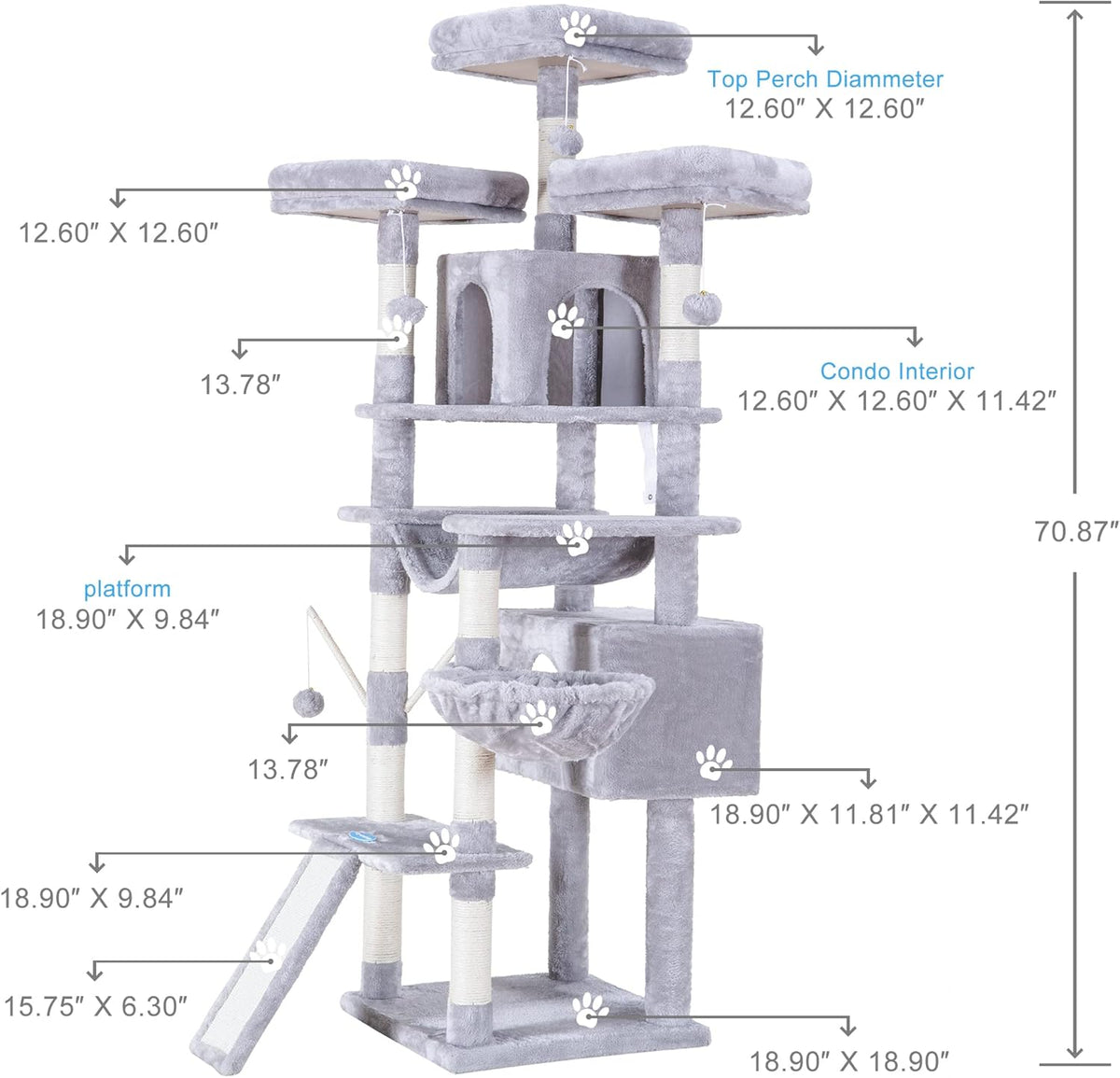 Hey-brother Cat Tree, 71 inches XL Large Cat Tower for Indoor Cats, Multi-Level Cat House with 3