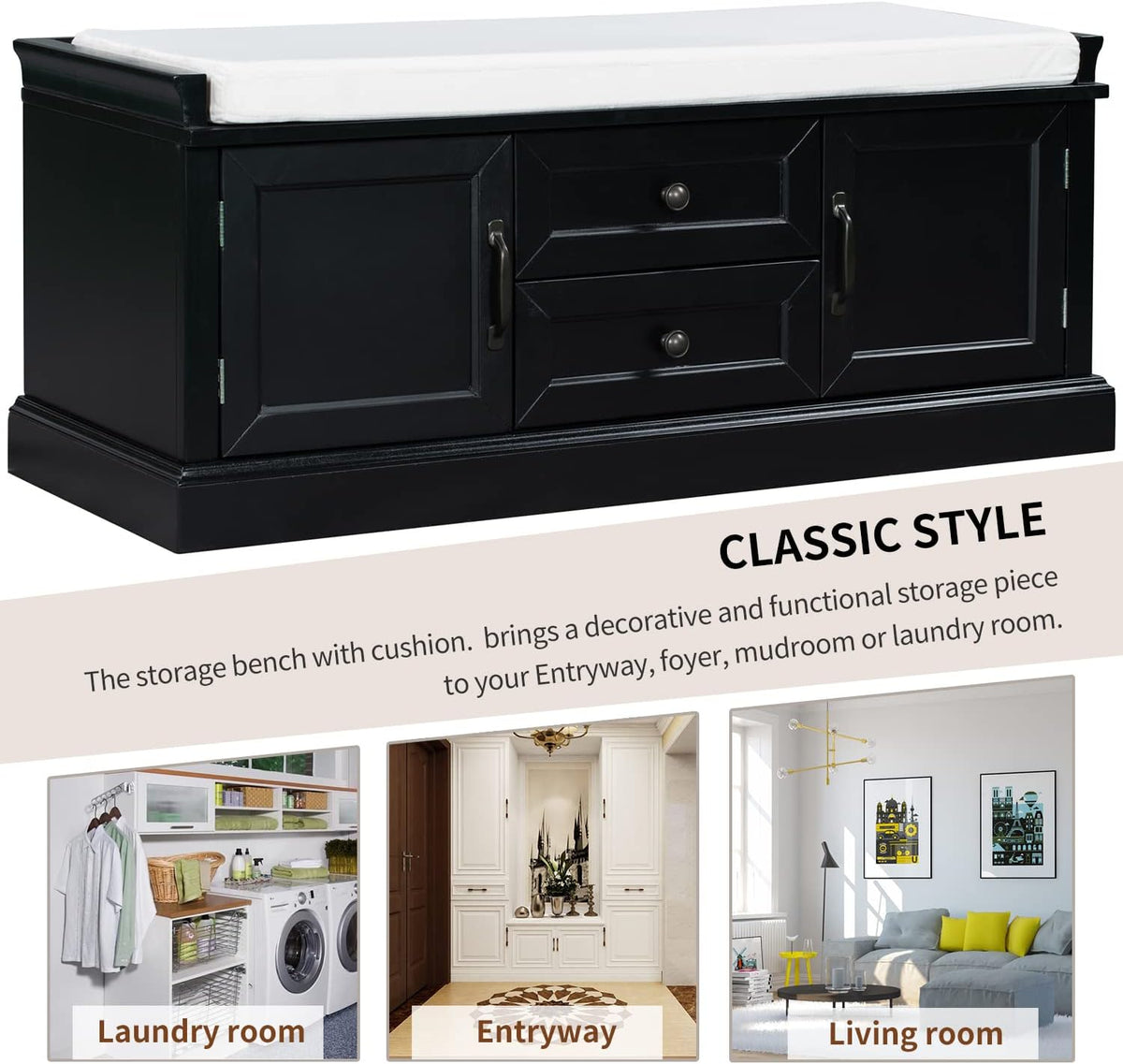 Storage Bench with 2 Drawers and 2 Cabinets, Pine Wood Shoe Bench with Removable Cushion for Living