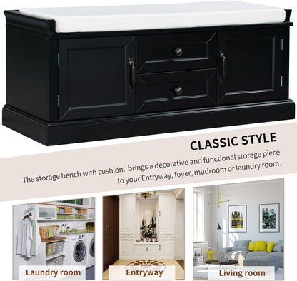 Storage Bench with 2 Drawers and 2 Cabinets, Pine Wood Shoe Bench with Removable Cushion for Living