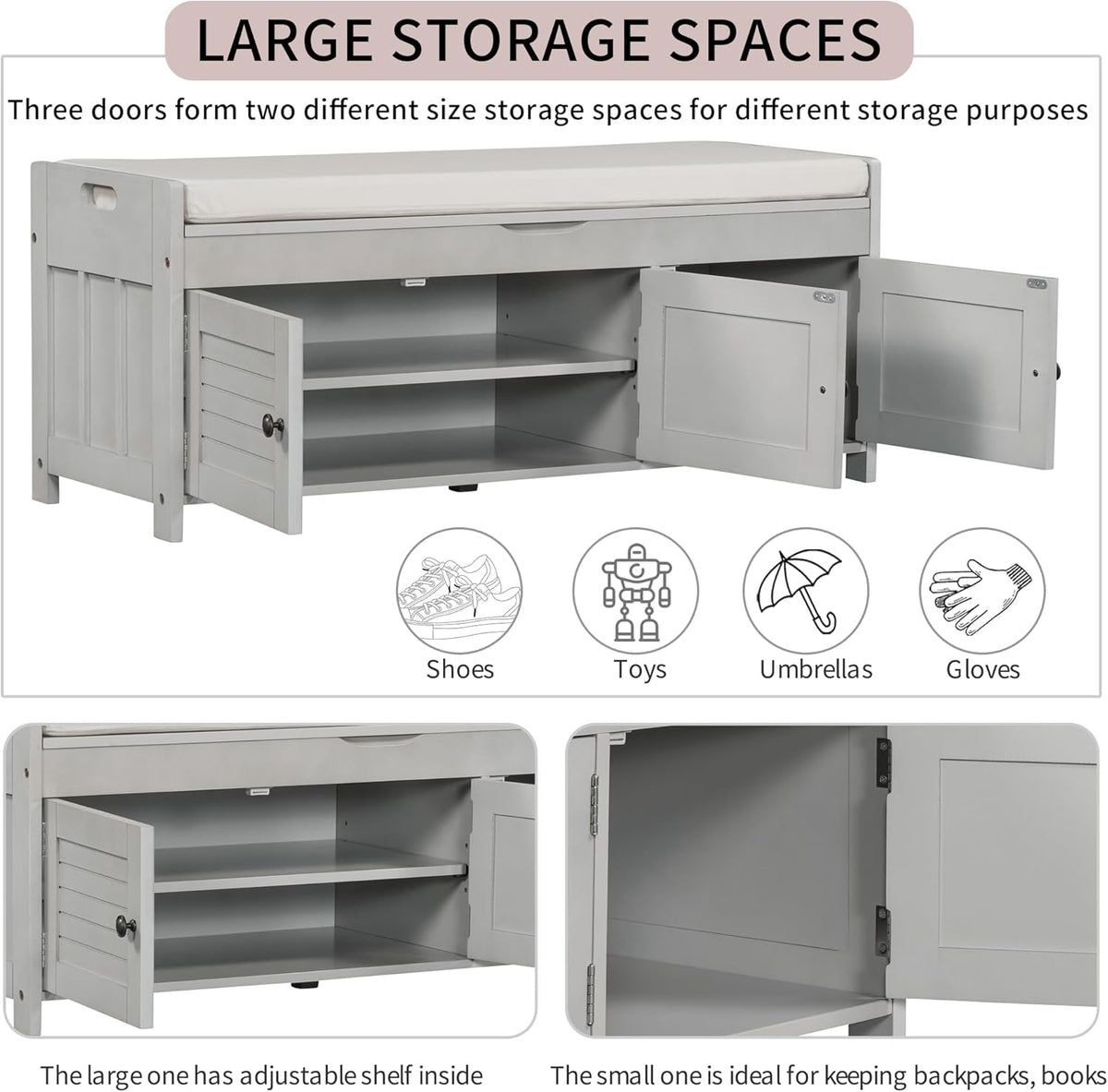 Storage Bench with 3 Shutter-Shaped Doors, Wood Shoe Bench with Removable Cushion and Hidden