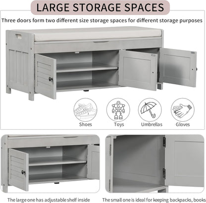 Storage Bench with 3 Shutter-Shaped Doors, Wood Shoe Bench with Removable Cushion and Hidden