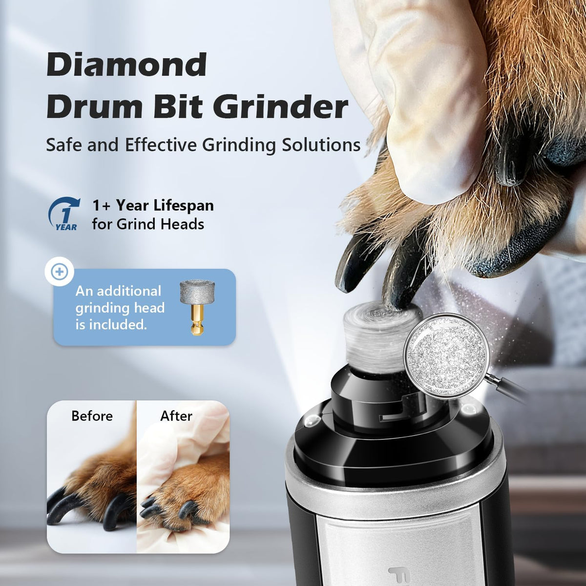 Dog Nail Grinder, Nail Clippers with LED Light, USB Rechargeable Electric Dog Nail Trimmer 5-Speed
