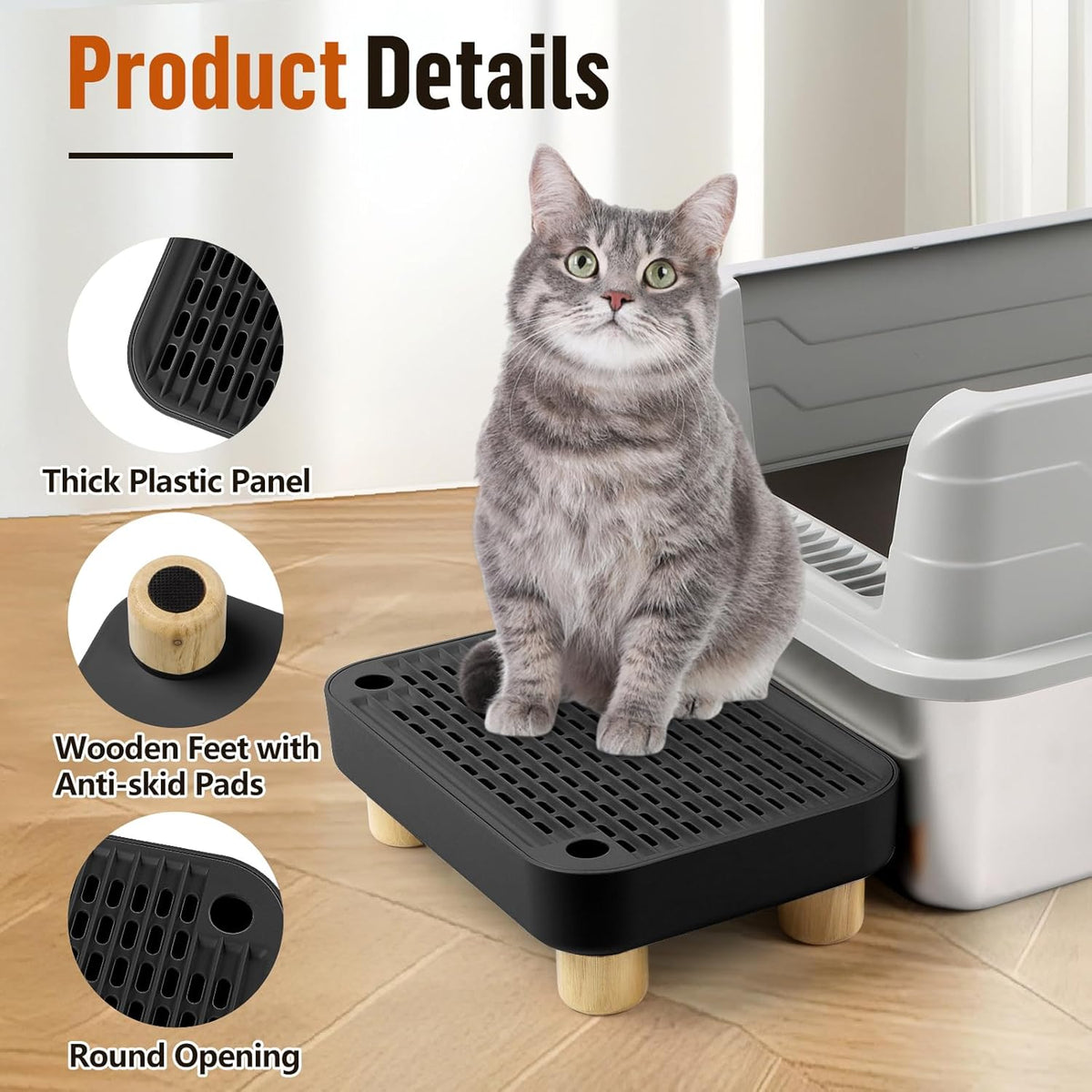 Cat Litter Box Step Ramp, Cat Litter Catcher Mat with Wooden Feet, Filter Function, Cat Pedal Stool