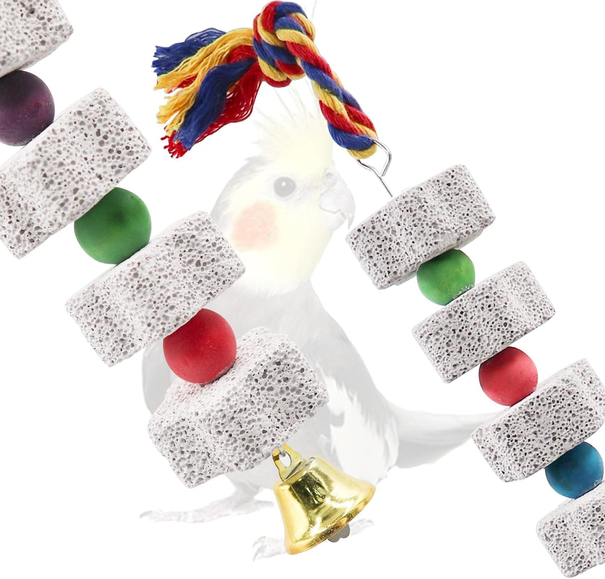 2 Pack Mineral Block Chew Toys with Colorful Beads and a Bell, Bird Beak Grinding Stone, Cage