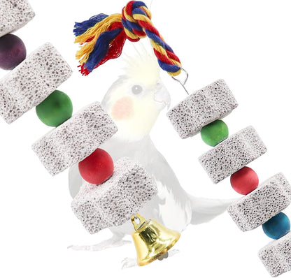 2 Pack Mineral Block Chew Toys with Colorful Beads and a Bell, Bird Beak Grinding Stone, Cage