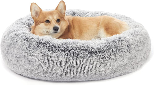 Bedfolks Calming Donut Dog Bed, 30 Inches Round Fluffy Dog Beds for Medium Dogs, Anti-Anxiety Plush
