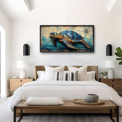 Large Nautical Turtle Wall Art for Living Room, Coastal Ocean Canvas Oversized Wall Decor, Beach