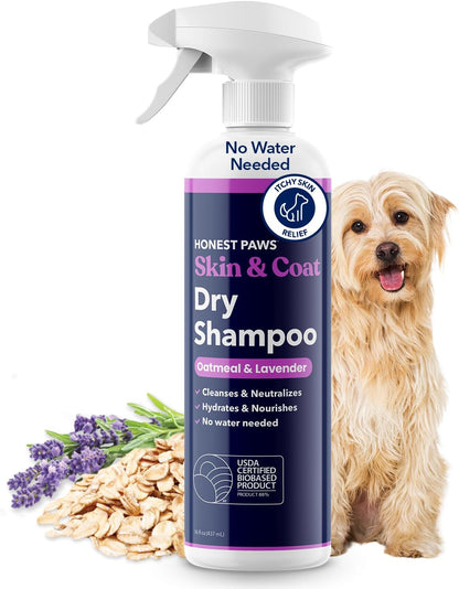Honest Paws Dog Dry Shampoo - Waterless No Rinse Spray Formula Reducing Itch Cleanse Hydrate