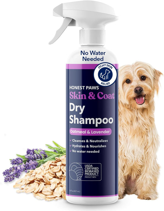 Honest Paws Dog Dry Shampoo - Waterless No Rinse Spray Formula Reducing Itch Cleanse Hydrate