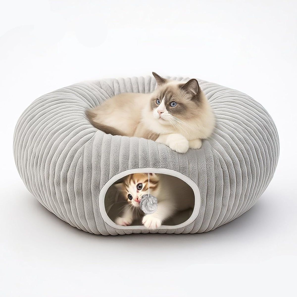 Cat Tunnel Bed for Indoor Cats, Peekaboo Cat Cave Bed,Soft Cat Donut Tunnel for Kitten Large Cats