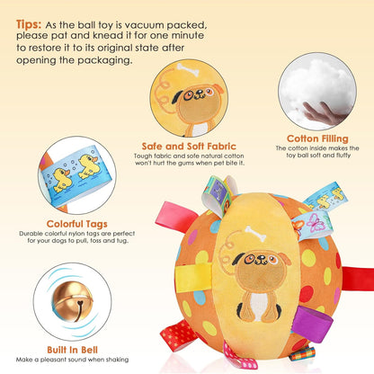 Dog Squeaky Plush Toy with Straps, 6-Inch Soft Stuffed Ball with Cotton Material and Bell Built-in