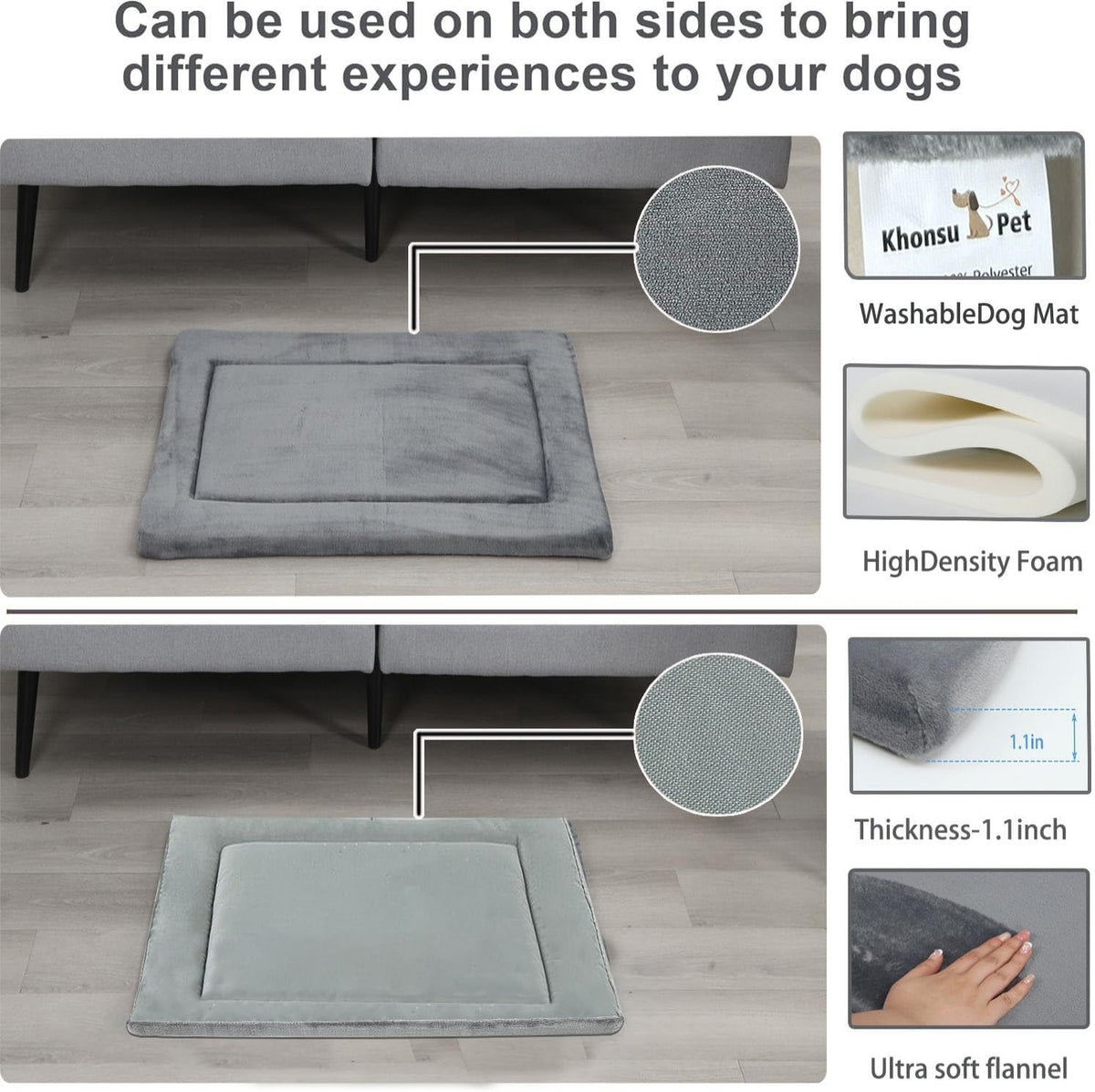 KHONSU PET Dog Bed Mat for Crate 1.1in Slim Cooling Pad Reversible Flannel & Waterproof Canva for