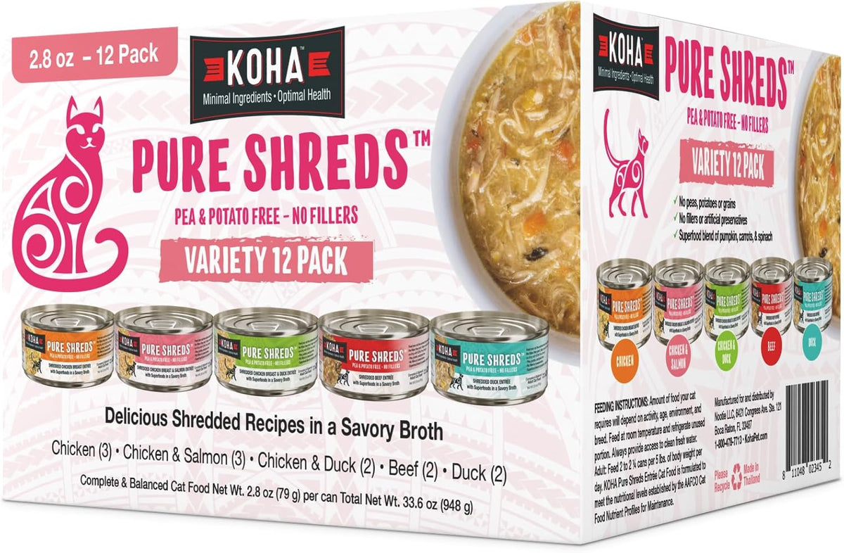 KOHA Pure Shreds Cat Variety Pack, High Protein Wet Cat Food - 5 Flavors - Beef, Duck, Chicken &