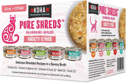 KOHA Pure Shreds Cat Variety Pack, High Protein Wet Cat Food - 5 Flavors - Beef, Duck, Chicken &