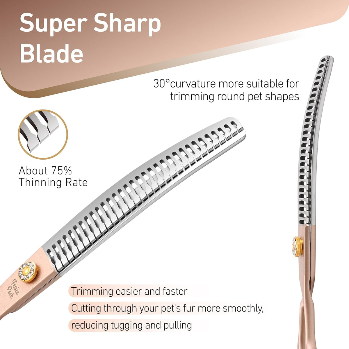 Fenice Peak Professional Curved Chunker Dog Grooming Scissors 7.0'' Rose Gold Thinning Shears
