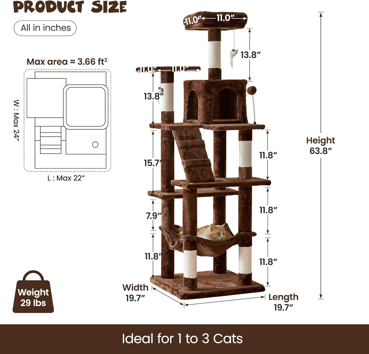 MWPO 63.8 inches Multi-Level Cat Tree for Large Cats with Sisal-Covered Scratching Posts, Padded