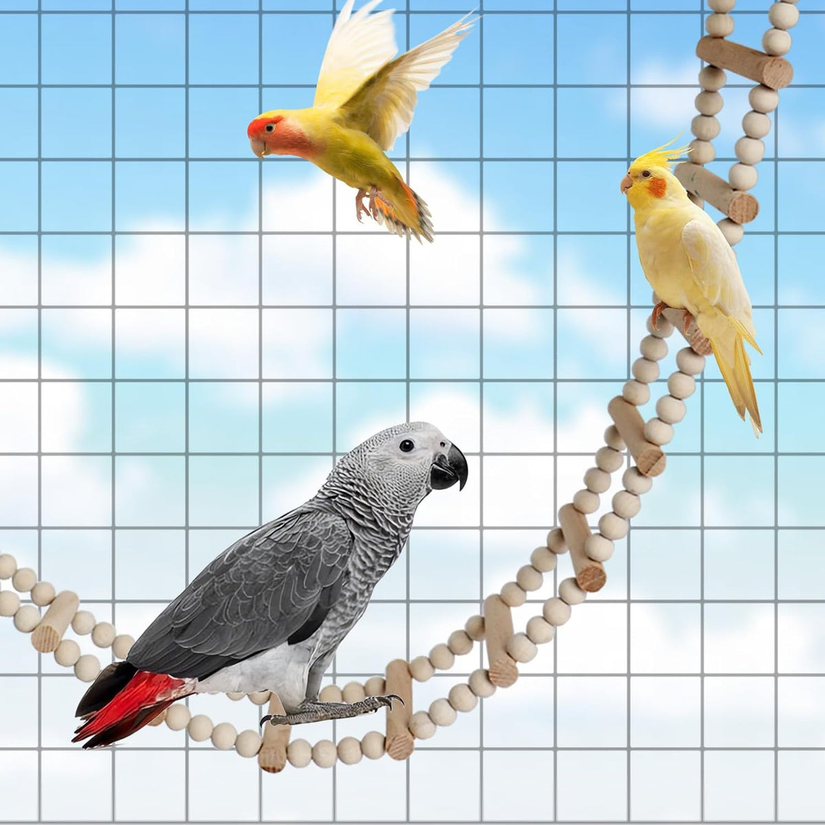 Long Bird Ladder with Wooden Rungs and Beads, Parakeet Climbing Swing Toys, Bird Cage Accessories