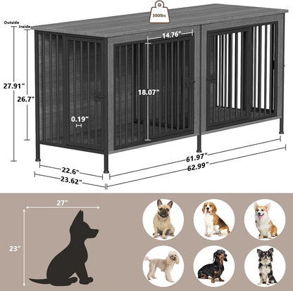EasyCom 63" Dog Cage Furniture for 2 Pets with Divider, XL Wooden Double Dog Crate Furniture TV