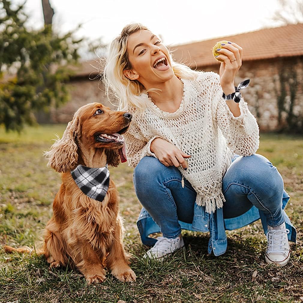 E-Clover Plaid Dog Scarf & Matching Scrunchie Set - Triangle Pet Bandana Bibs for Small Dog Puppy