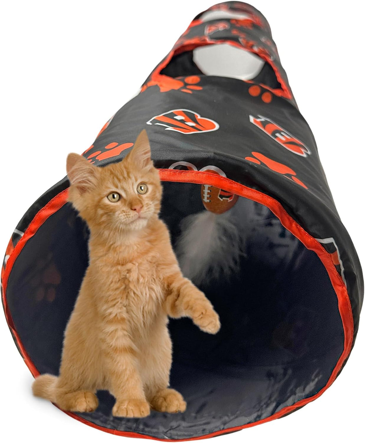 NFL Cincinnati Bengals Cat Tunnel Tube Toy with Plush Football Catnip and Feathers Collapsible
