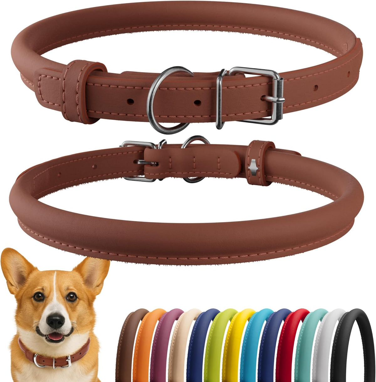 CollarDirect Rolled Leather Dog Collar, Soft Padded Round Puppy Collar, Handmade Genuine Leather