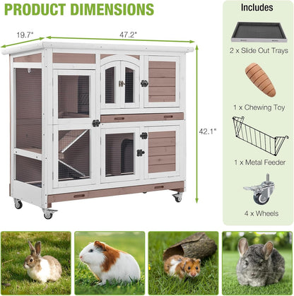 GUTINNEEN Large Rabbit Hutch Wooden Bunny Cage Indoor with Chew-Proof Ramp, 2-Story Guinea Pig