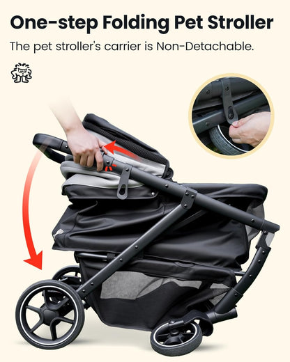 Medium Dog Stroller, Foldable Pet Stroller with Adjustable Handle & No Zip Entry, Storage Basket &
