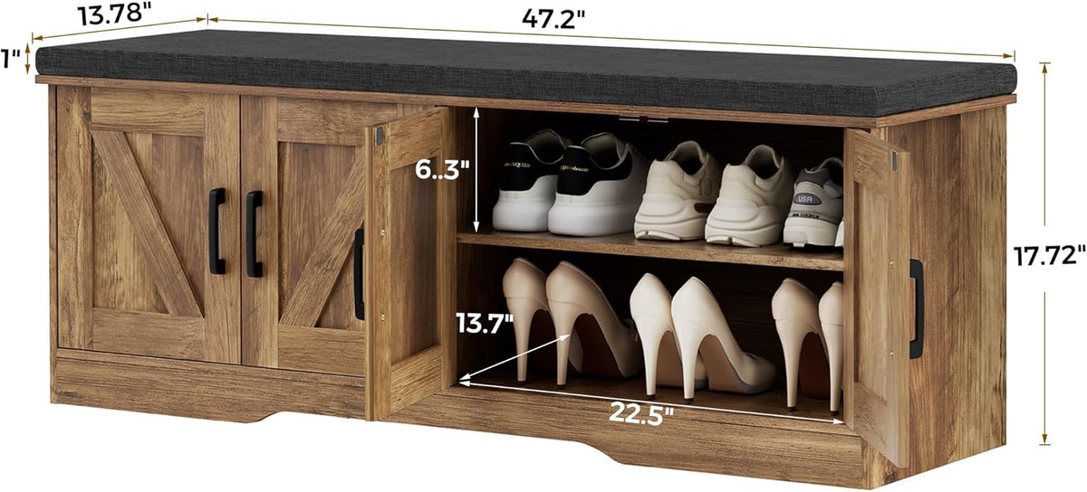 2-Tier Storage Bench, Shoe Bench with Padded Seat Cushion, Entryway Bench with 4 Barn Doors
