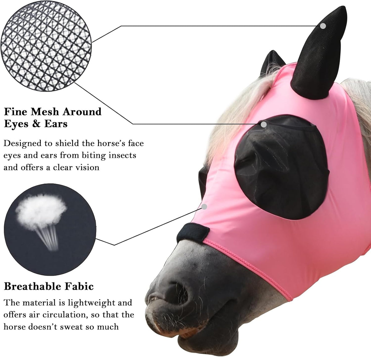 Horse Fly Mask with Ears - Large Eye Space for Full Vision, Breathable Stretch Comfort Fit, UV