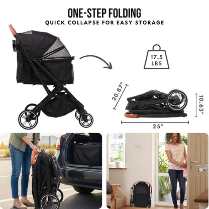 Pet Stroller for Small Medium Dogs Cats Up to 45 lbs, Travel Lite Collapsible, All Terrain 4 Wheels