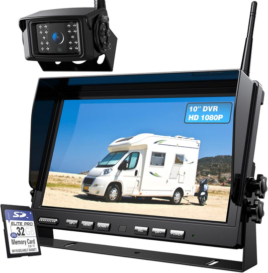 1080P Wireless Backup Camera System for RV Trailer Truck Camper,10 Inch DVR Monitor w/Recording IR
