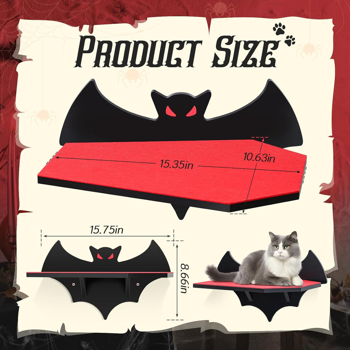 Cat Wall Mount Shelves for Indoor, Gothic Bat Floating Shelf with Coffin Bed Cat Wall Tree Can Load
