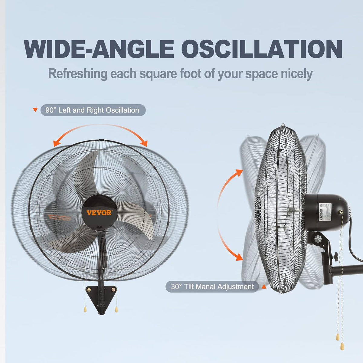 VEVOR 20 inch Wall Mount Fan Oscillating, 3-speed High Velocity Max. 4650 CFM Industrial Wall Fan