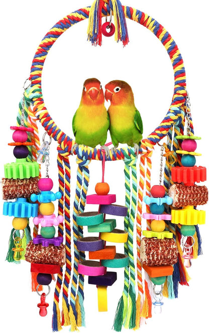 Bird Toys Bird Rope Ring Swing Perch with Corn Cob Cardboard Bagels Wooden Blocks Chewing Toys for