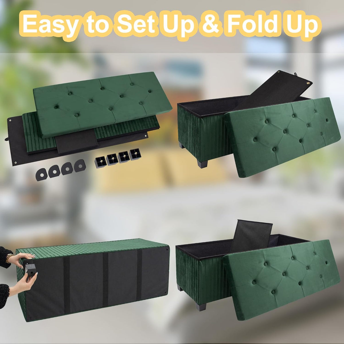 Storage Ottoman Bench, 43 Inch Foldable Ottoman with Legs, Velvet Foot Rest Stool, End of Bed