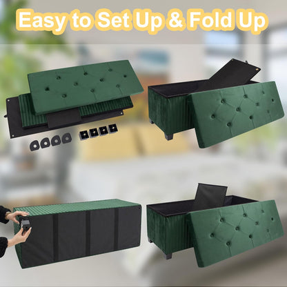 Storage Ottoman Bench, 43 Inch Foldable Ottoman with Legs, Velvet Foot Rest Stool, End of Bed