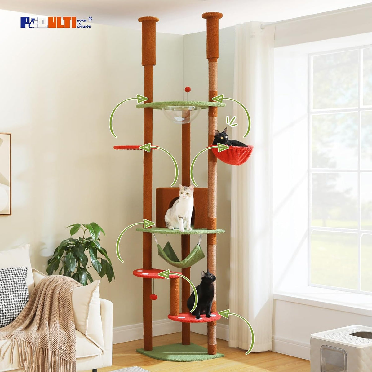 PEQULTI Floor to Ceiling Cat Tree 92.9’’-101.6’’ Height Adjustable Mushroom Cat Tower Tall Climbing