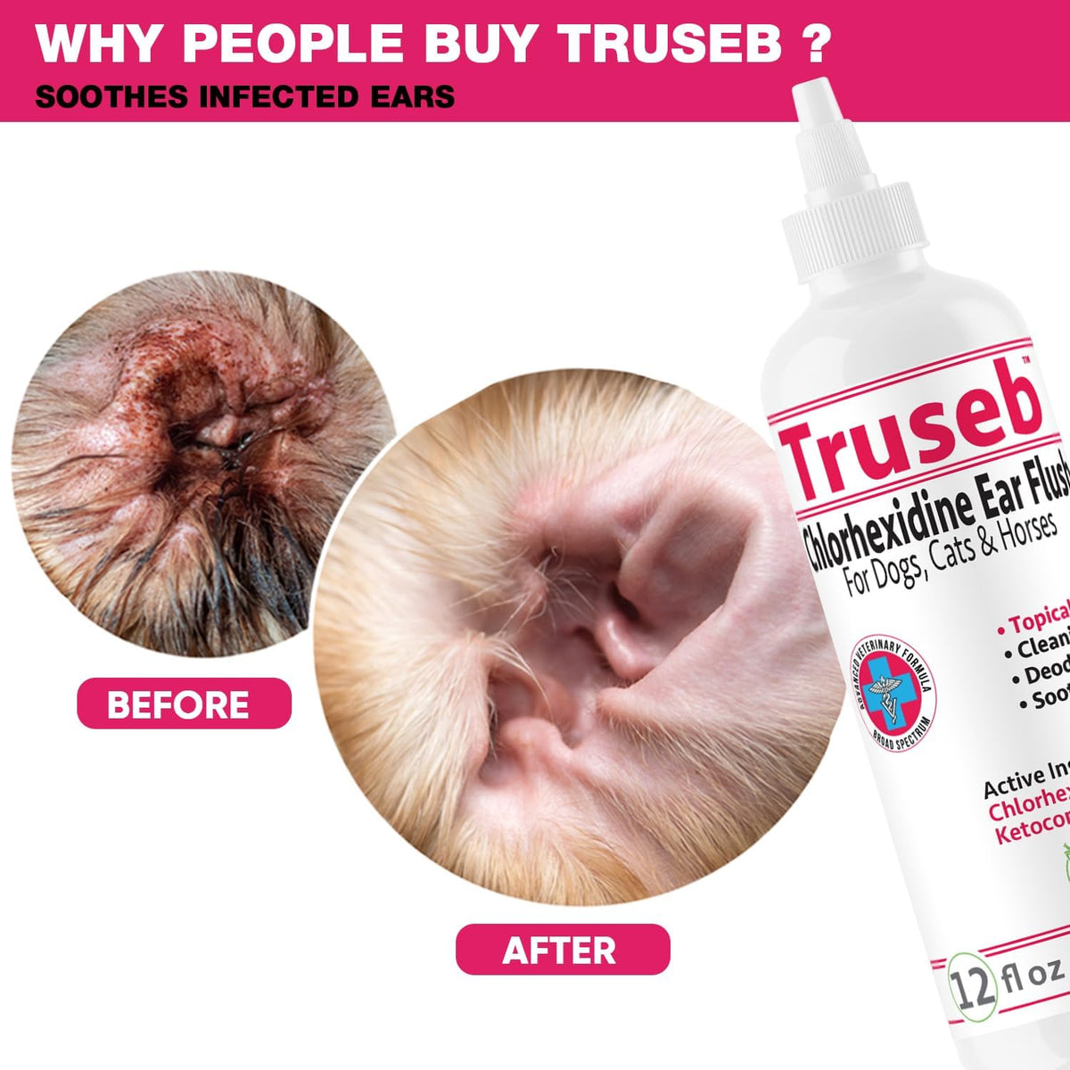 All Natural Ear Flush for Dogs & Cats, Ketoconazole & Chlorhexidine Ear and Vet-Strength Ear wash