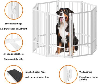 Full Metal Freestanding Dog Gate with Door, 32''Height Foldable Pet Dog Fence for Indoor & Outdoor