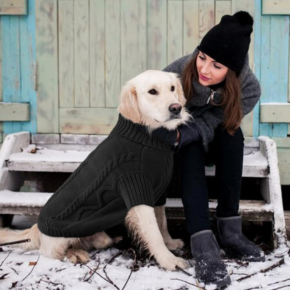 Queenmore Small Dog Pullover Sweater, Cold Weather Cable Knitwear, Classic Turtleneck Thick Warm