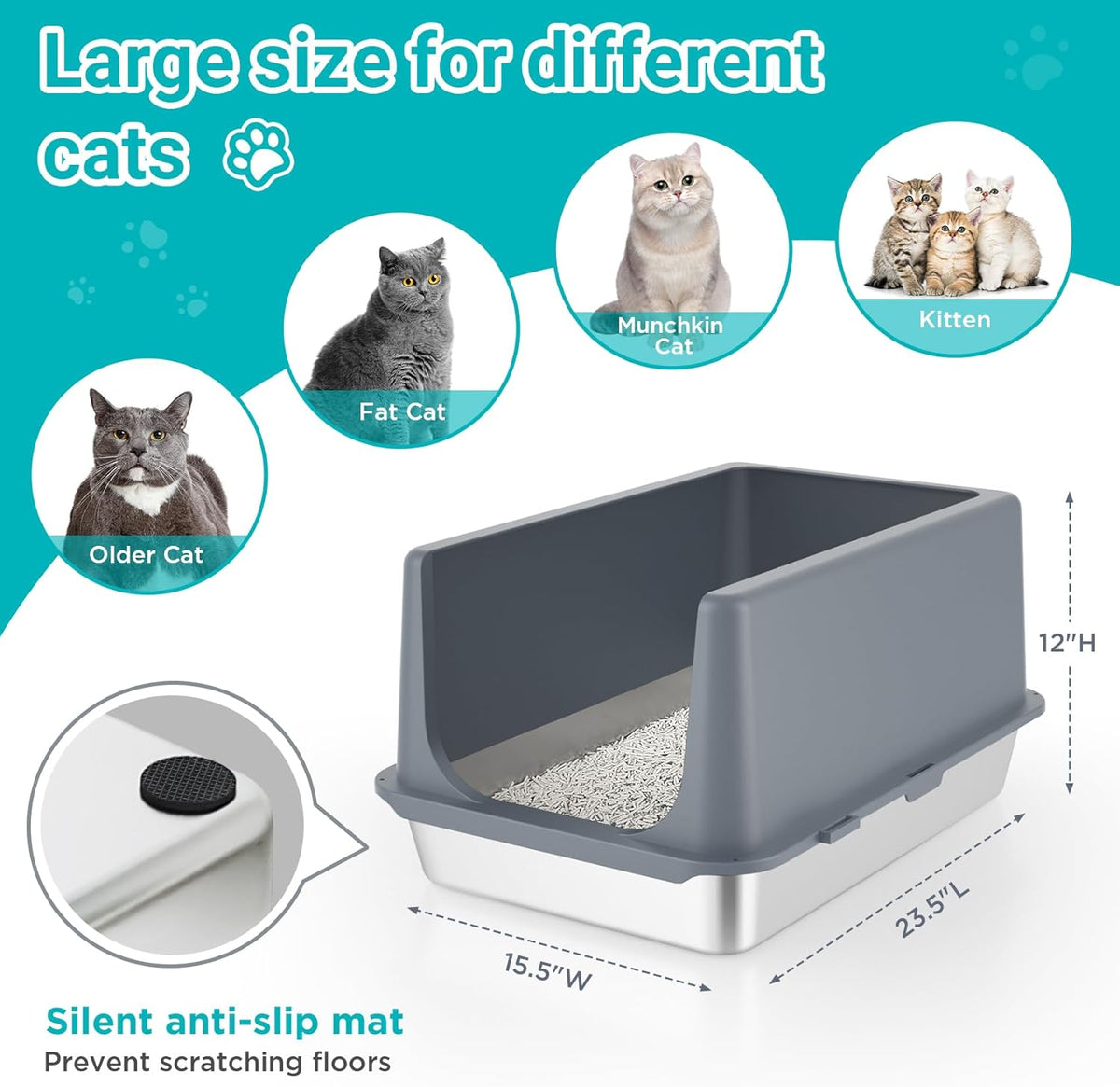 LIHONG Stainless Steel Litter Box with Lid, XL Metal Cat Litter Tray for Indoor Cats, Enclosure Cat