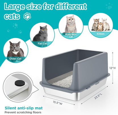 LIHONG Stainless Steel Litter Box with Lid, XL Metal Cat Litter Tray for Indoor Cats, Enclosure Cat