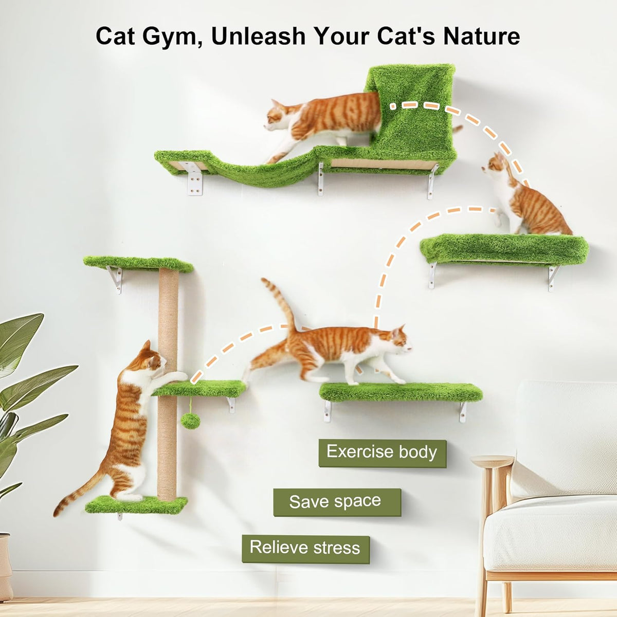 FUKUMARU Cat Wall Shelves, Stable & Safe 4 in 1 Cat Furniture Set, Wooden Climbing Wall with