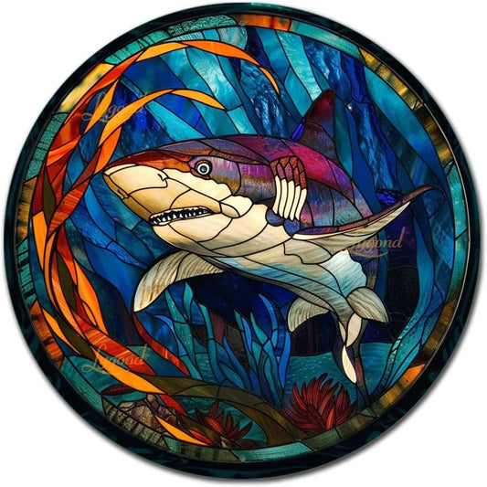 Lygond Metal Sign Tin Sign Circular Stained Glass Shark2 Home Deccor Store Home Decor for Patio