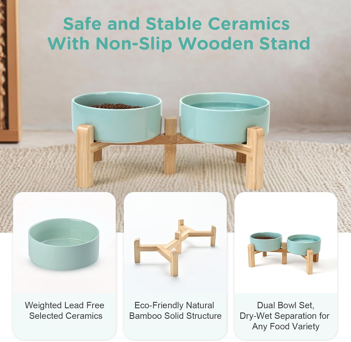 SPUNKYJUNKY Elevated Dog Bowls Ceramic, 5.1'' Dogs and Cat Food Water Bowls Raised with Non-Slip