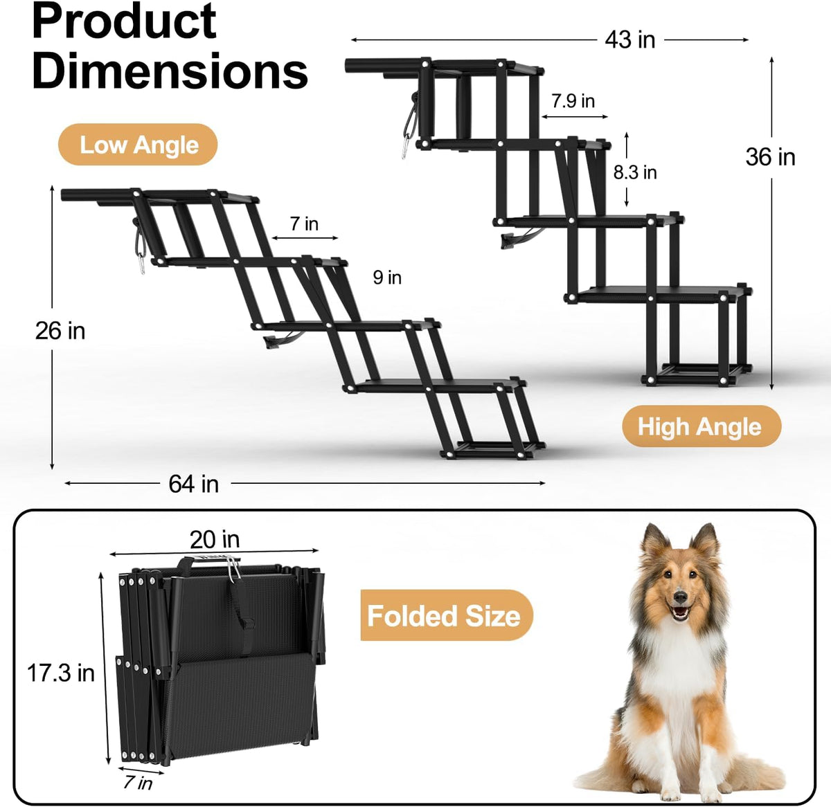 Extra Wide Dog Stairs for Large Dogs, Foldable Dog Ramp for Car with Non-Slip Surface, Lightweight