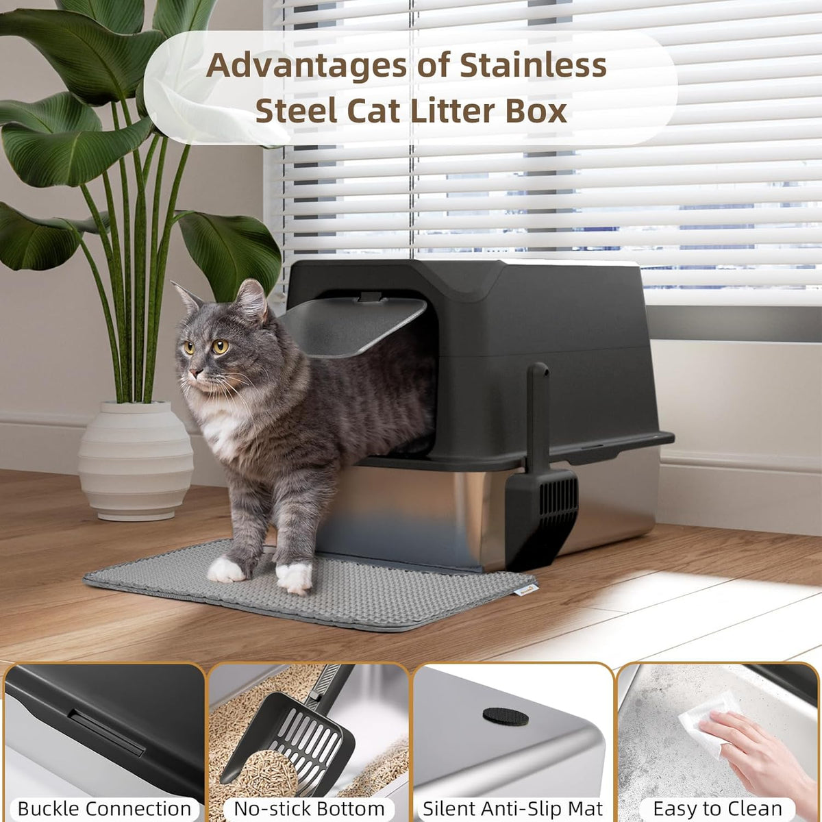 Stainless Steel Cat Litter Box with Lid, Extra Large, Great for Large & Small Cats, Easy to Clean