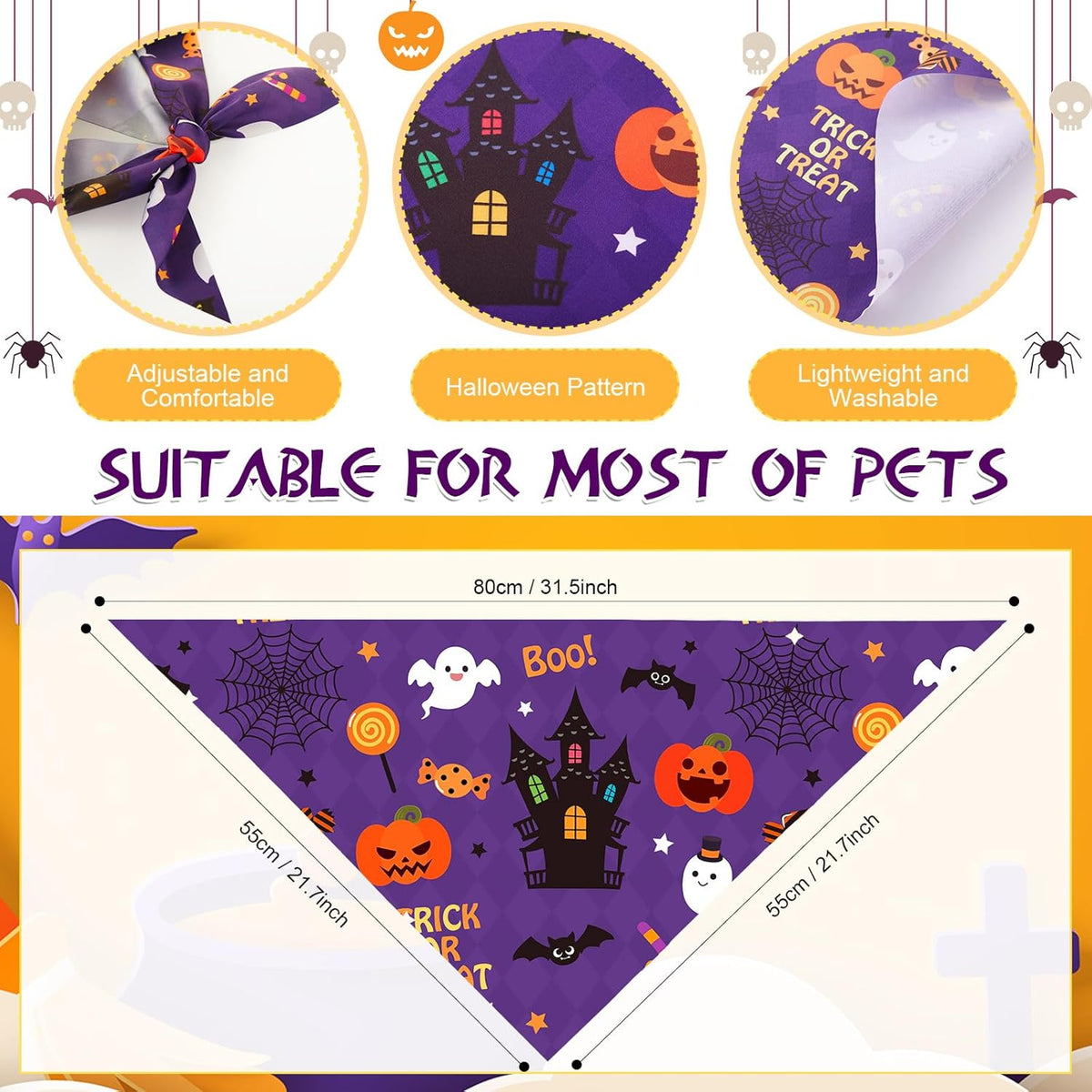 Abbylike 50 Pcs Halloween Dog Bandanas Bulk Pumpkin Bandanas for Dogs Triangle Kerchief Bibs Scarf