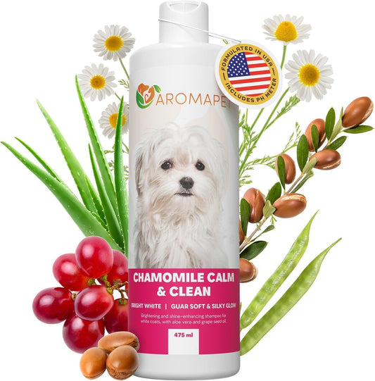 Chamomile Calm & Clean Dog Shampoo for White Coats - Deodorizing Dog Shampoo with Aloe, Argan Oil